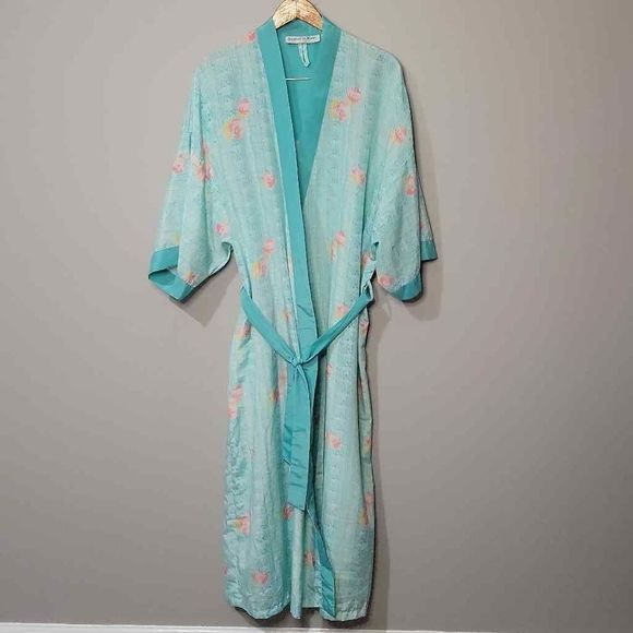 Contessa Di Roma Vintage Tiffany Blue w Pink Roses Tie Front House Robe Size XL - Picture 6 of 10